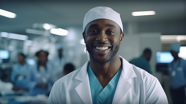 Portret uśmiechniętego afrykańskiego amerykańskiego chirurga na szpitalnej sali operacyjnej Stworzony przy użyciu technologii generatywnej sztucznej inteligencji