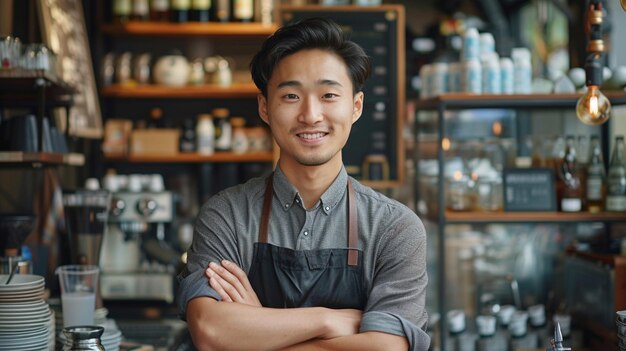 Portret uśmiechniętego barista w fartuchu stojącego w kawiarni