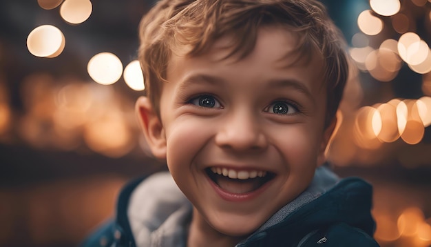 Portret uśmiechniętego chłopca w niebieskiej kurtce na tle świątecznych świateł