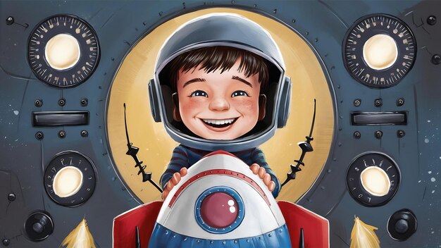 Zdjęcie portret uśmiechniętego chłopca w rakiecie
