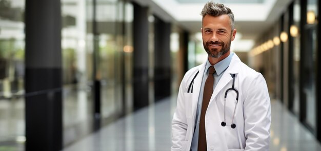 Portret uśmiechniętego dojrzałego lekarza lub terapeuty w białym mundurze medycznym na korytarzu