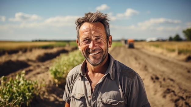Portret uśmiechniętego dojrzałego rolnika stojącego na polu w słoneczny dzień Generacyjna sztuczna inteligencja