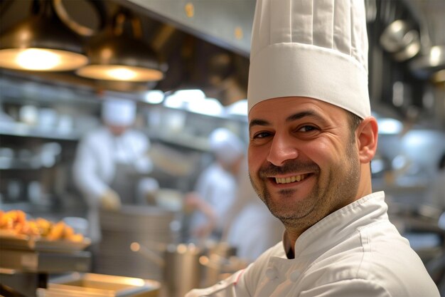 Portret uśmiechniętego kucharza stojącego z skrzyżowanymi ramionami w kuchni