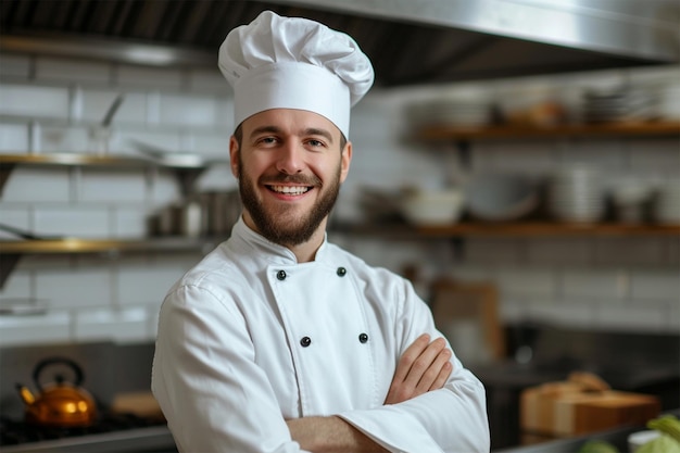 Portret uśmiechniętego kucharza stojącego z skrzyżowanymi ramionami w kuchni