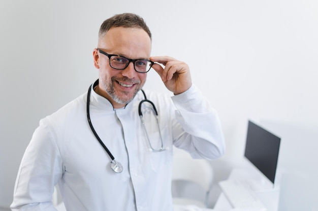 Portret uśmiechniętego lekarza mężczyzny w białym mundurze medycznym, stetoskopie i okularach, patrzą na kamerę