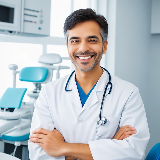 Zdjęcie portret uśmiechniętego lekarza w klinice, wyglądającego na pewnego siebie i szczęśliwego