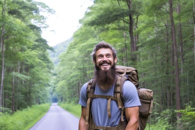 Portret uśmiechniętego mężczyzny z plecakiem stojącego na leśnym szlaku na wsi