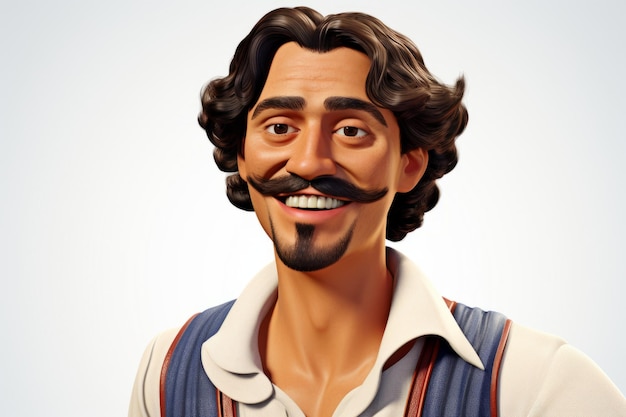 Portret uśmiechniętego mężczyzny z wąsami i kręconymi włosami