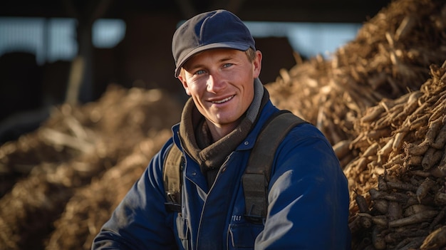 Portret uśmiechniętego młodego rolnika w stodoły