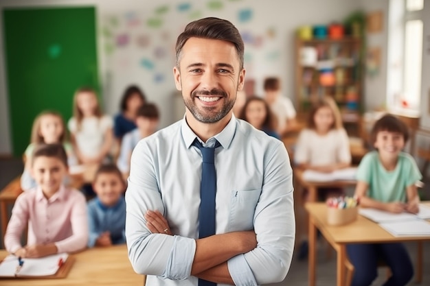 Portret uśmiechniętego nauczyciela w klasie w szkole podstawowej patrząc na kamerę z uczniami