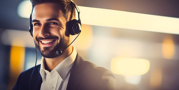 Portret uśmiechniętego operatora telefonicznego obsługi klienta w biurze Call center i obsługa klienta