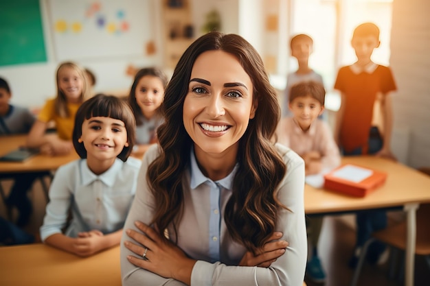 Portret uśmiechniętego pięknego nauczyciela w klasie w szkole podstawowej patrzącego na kamerę z uczeniem się