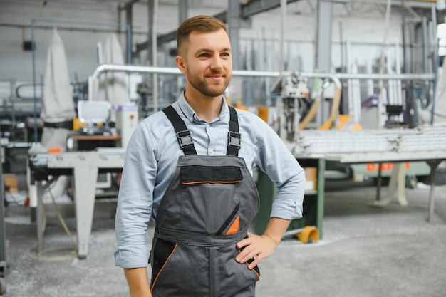 Portret uśmiechniętego pracownika stojącego przy maszynie do produkcji przemysłowej