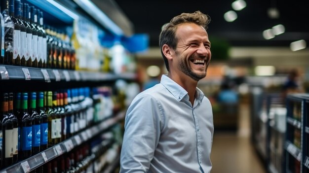 Portret uśmiechniętego przystojniaka z fartuchem w supermarkecie