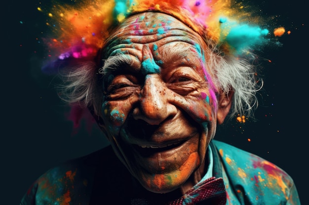 Portret uśmiechniętego siwego starszego afrykańskiego mężczyzny w farbie z emocjonalną twarzą generatywną ai