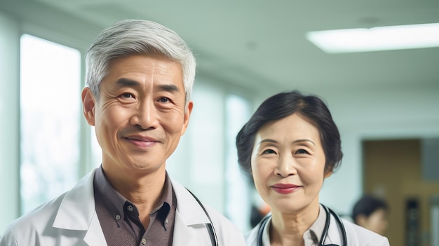 Portret uśmiechniętego starszego azjatyckiego koreańskiego lekarza z stetoskopem w szpitalu medycznym z