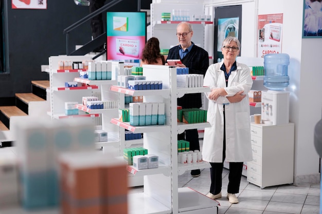 Portret uśmiechniętego starszego farmaceuty patrzącego w kamerę, stojącego z ręką skrzyżowaną w aptece, oferującego wsparcie klientom. Klienci patrząc na półki apteczne kupujące pigułki i witaminy