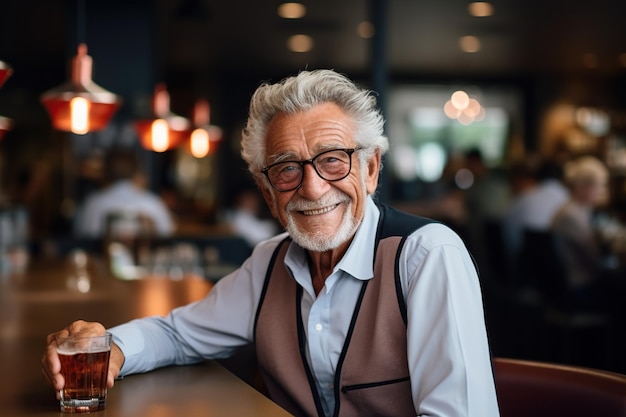 Portret uśmiechniętego starszego mężczyzny pijącego w restauracji