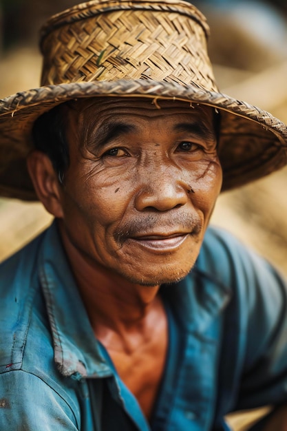 Portret uśmiechniętego staruszka w słomkowym kapeluszu Wietnam