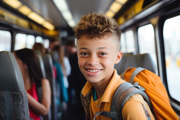Portret uśmiechniętego szczęśliwego wieloetnicznego chłopca ze szkoły podstawowej z plecakiem na plecach w backgro