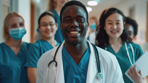 Portret uśmiechniętego, wielokulturowego zespołu medycznego stojącego na korytarzu szpitala