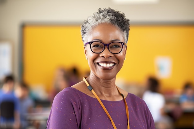 Portret uśmiechniętej Afroamerykanki, nauczycielki stojącej w klasie
