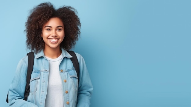 Zdjęcie portret uśmiechniętej afrykańskiej studentki w dżinsówce na niebieskim tle