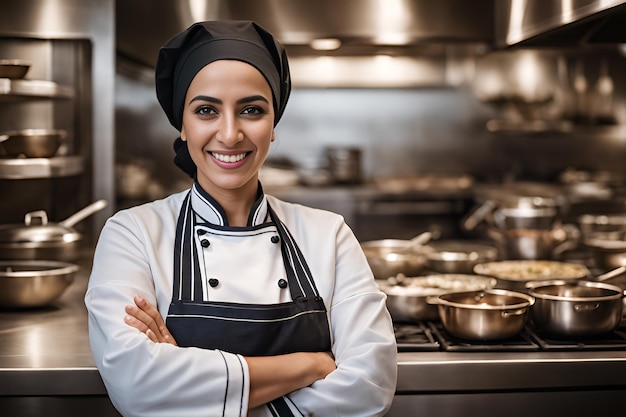 Portret uśmiechniętej arabskiej kucharki z skrzyżowanymi rękami w kuchni