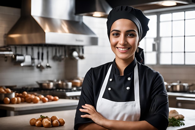 Portret uśmiechniętej arabskiej kucharki z skrzyżowanymi rękami w kuchni