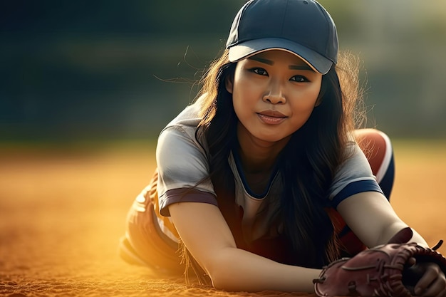 Portret uśmiechniętej azjatyckiej dziewczyny z rękawiczką baseballową grającą w baseball w parku