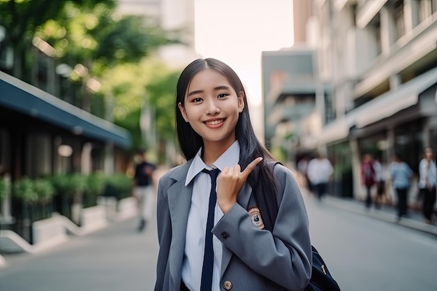 Portret uśmiechniętej azjatyckiej studentki w mundurze na ulicy