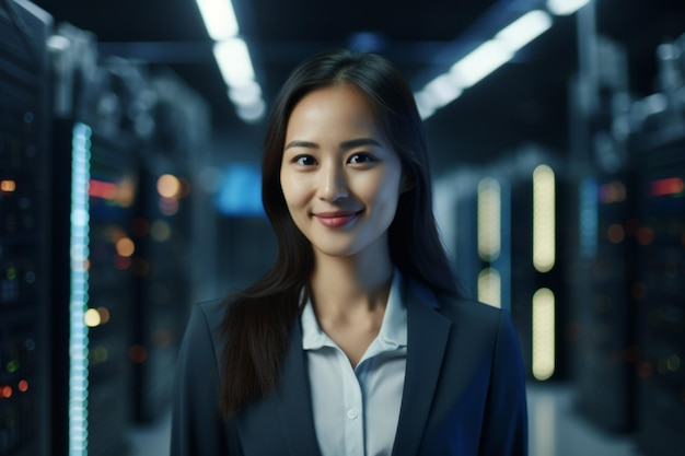 Portret uśmiechniętej azjatyckiej technikki w pokoju serwerowym.