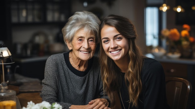 Portret uśmiechniętej babci i wnuczki siedzącej przy stole w kuchni w domu Generative AI