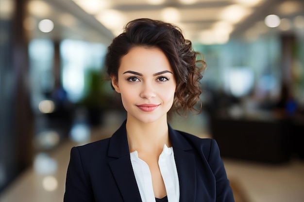 Portret uśmiechniętej bizneswoman biznesmena w garniturze na tle nowoczesnego biura