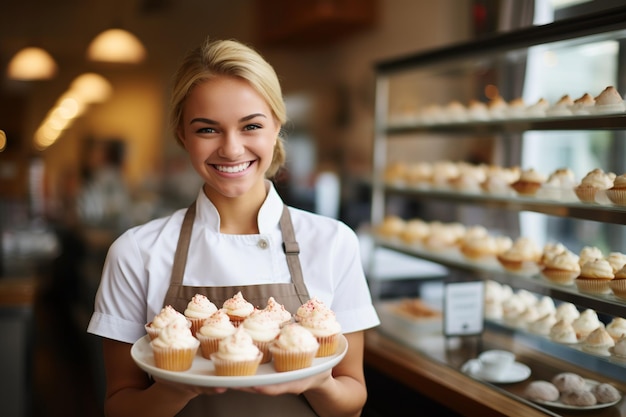 Portret uśmiechniętej cukierniczki trzymającej ciastka w piekarni