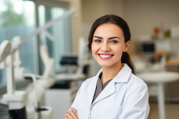 Portret uśmiechniętej dentystki na tle albańskiego gabinetu stomatologicznego