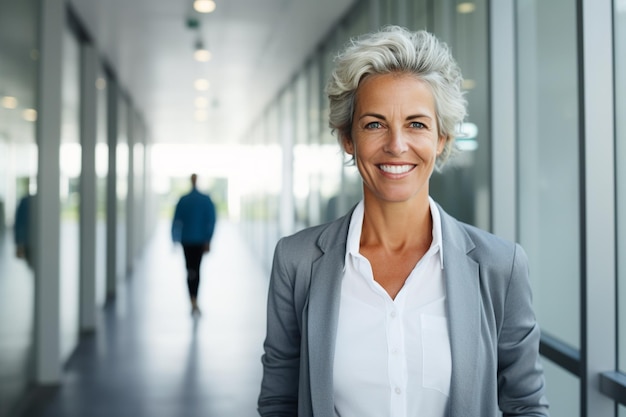 Portret uśmiechniętej dojrzałej bizneswoman stojącej w korytarzu nowoczesnego budynku biurowego