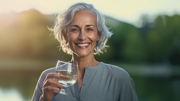 Portret uśmiechniętej dojrzałej bizneswoman trzymającej szklankę wody generatywny ai