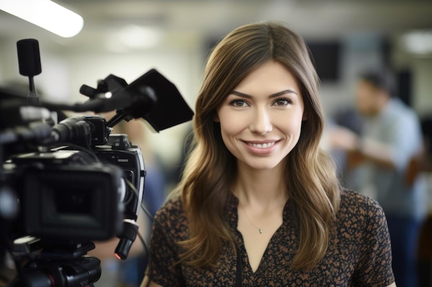 Portret uśmiechniętej dziennikarki stojącej przed kolegami, stworzony za pomocą generatywnej ai
