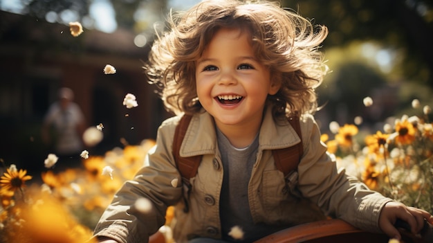 portret uśmiechniętej dziewczynki bawiącej się jesiennymi liśćmi na tle drzew w parku