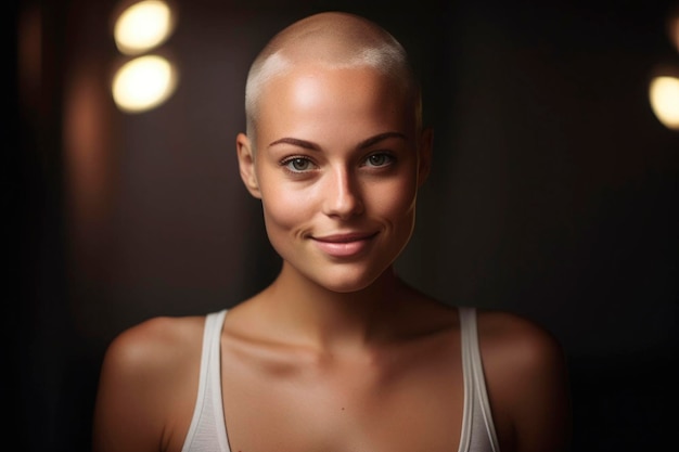 Portret uśmiechniętej i radosnej młodej kobiety bez włosów po walce z onkologią Szczęśliwa, chora łysa młoda kobieta z rakiem, pozytywnie optymistycznie nastawiona do wyzdrowienia i remisji wygenerowana sztuczna inteligencja