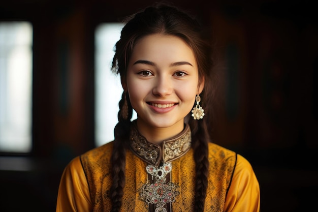 Portret uśmiechniętej kazachskiej studentki