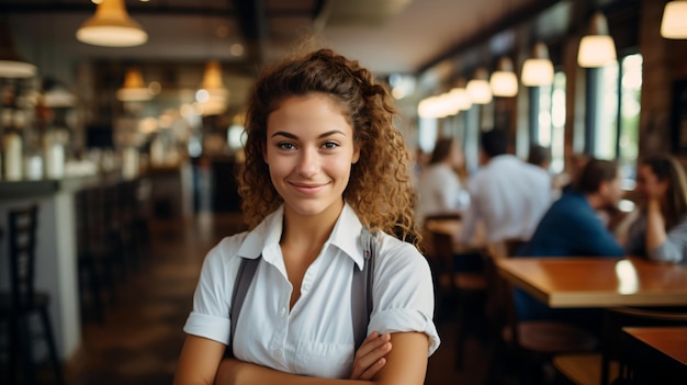 Portret uśmiechniętej kelnerki w ruchliwej restauracji