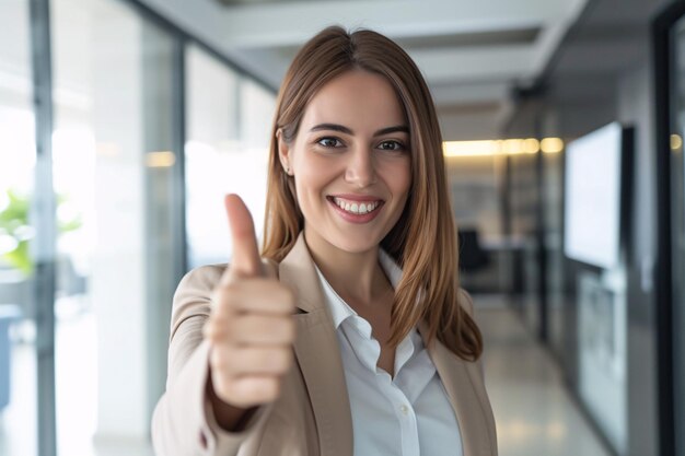 Portret uśmiechniętej kobiety i kierownika firmy z kciukiem w górę Dobre wieści