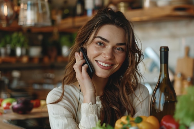 Portret uśmiechniętej kobiety rozmawiającej przez telefon w jasnej i przytulnej kuchni z winem i świeżymi warzywami Gotowanie domowe