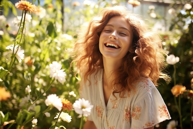Zdjęcie portret uśmiechniętej kobiety stojącej w ogrodzie kwiatowym w słoneczny dzień