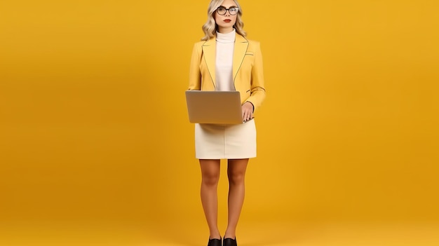 Portret uśmiechniętej kobiety trzymającej laptopa na żółtym tle