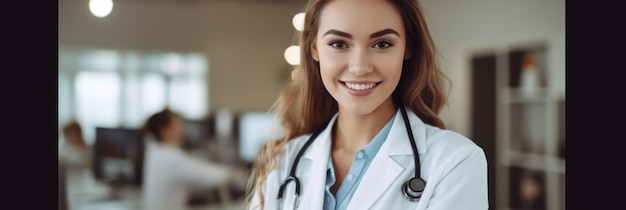 Portret uśmiechniętej lekarki stojącej w nowoczesnym sztandarze tła szpitala