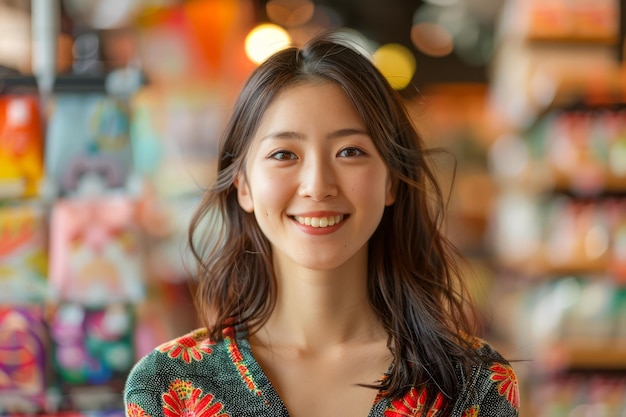 Portret uśmiechniętej młodej azjatyckiej kobiety z kolorowym rozmyciem korytarzy supermarketu w tle