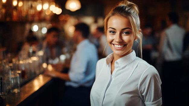 Portret uśmiechniętej młodej blondynki barmanki